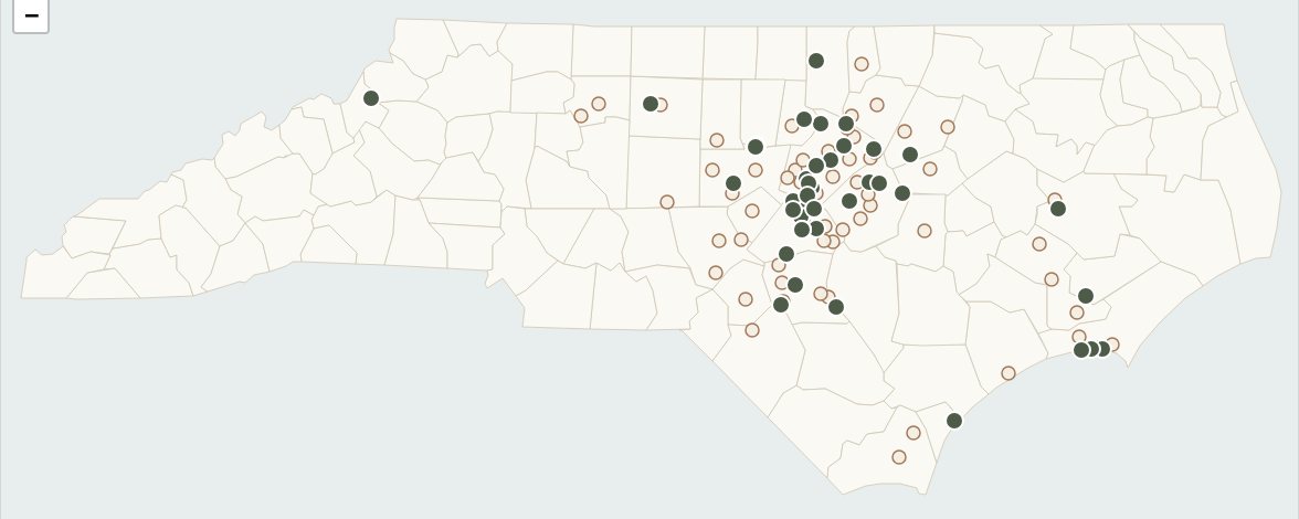 Map of North Carolina with APRE listings and towns