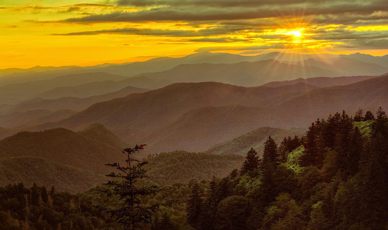 Sunset over layered Blue Ridge mountains